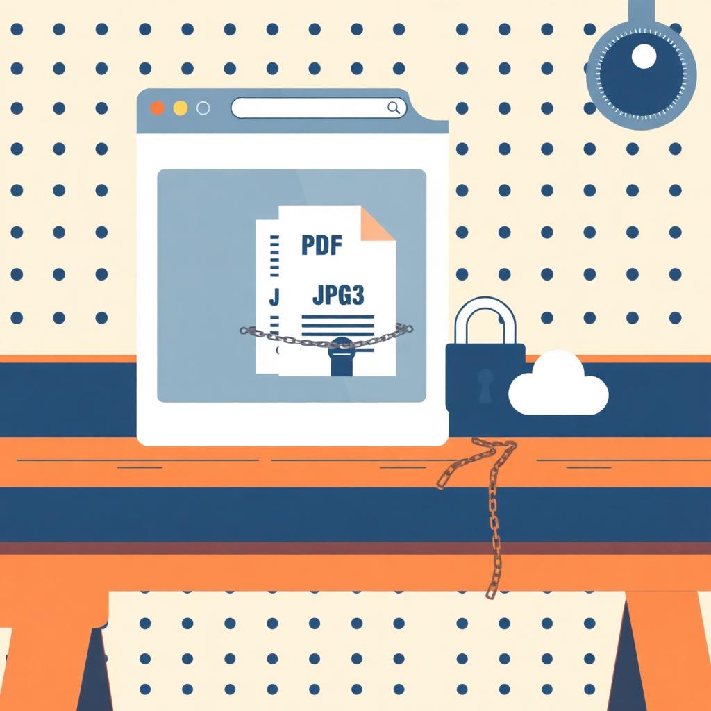 Illustration of a browser window on a workbench holding files safely inside, with a broken chain preventing them from leaking to a cloud icon.