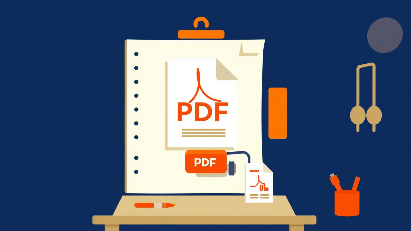 Illustration of a PDF document being fed through a small workshop machine that produces a slimmer PDF on a workbench pegboard.