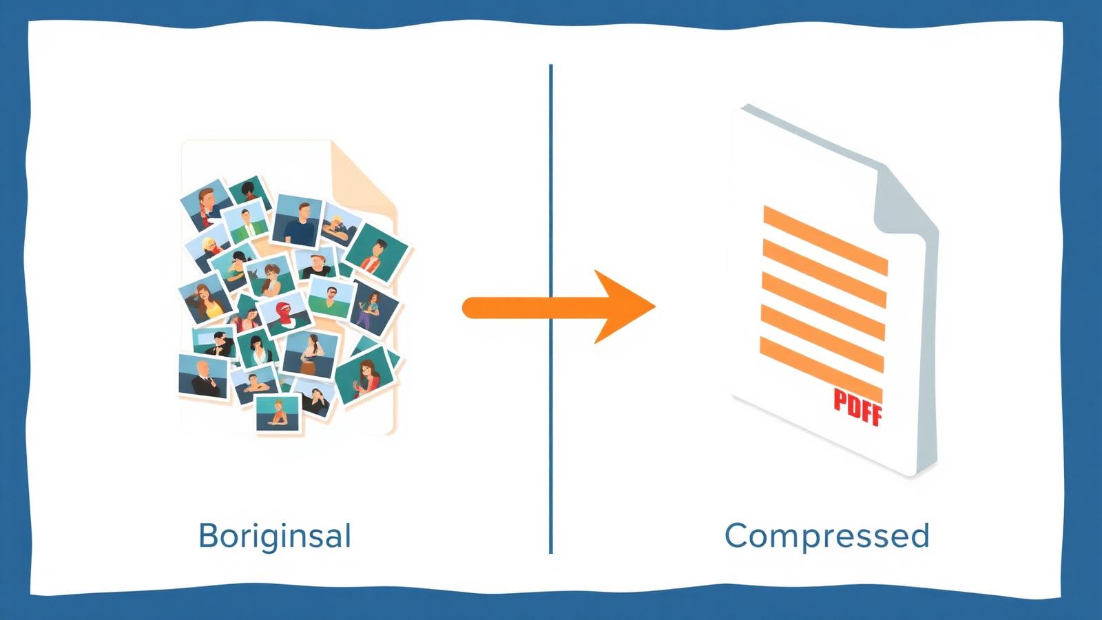 A bloated PDF full of loose photos on the left, compared to a slim compressed PDF on the right, with an orange arrow between them.