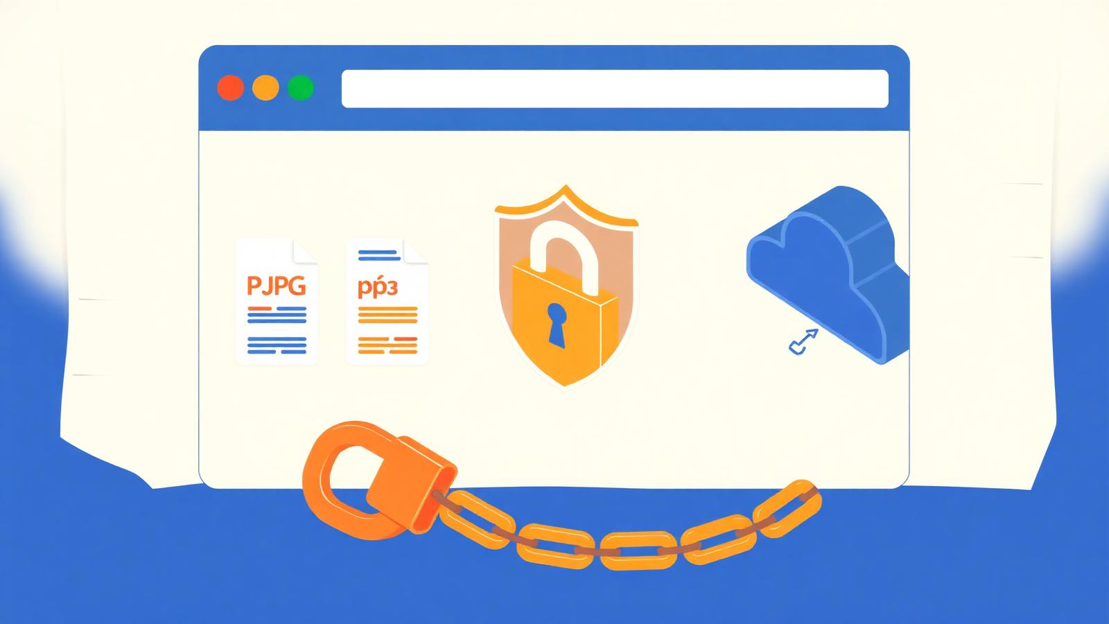 Illustration of a browser window with a padlock shield keeping JPG and MP3 files safely inside, and a broken chain preventing them from leaving to a cloud icon.