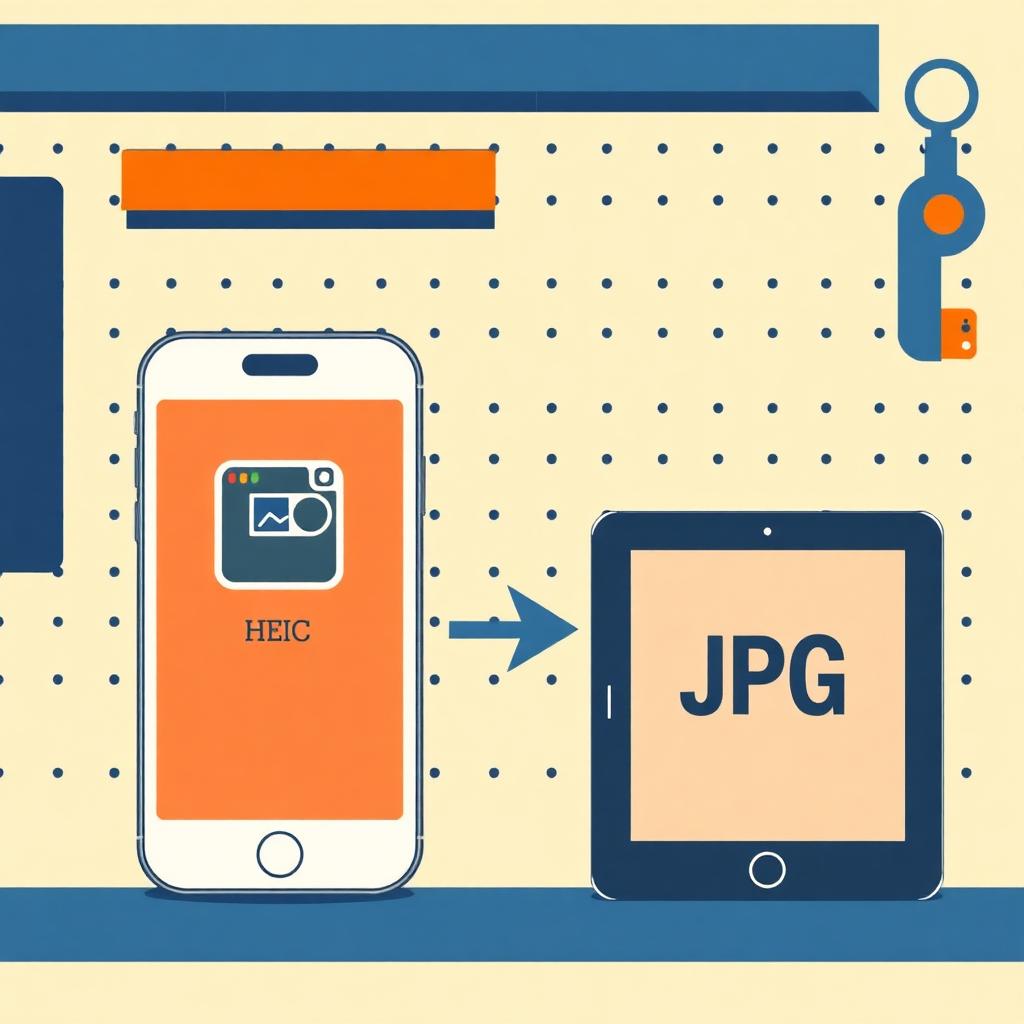 Illustration showing an iPhone with a HEIC photo, an arrow, and a Windows/Android device receiving the same photo as JPG.