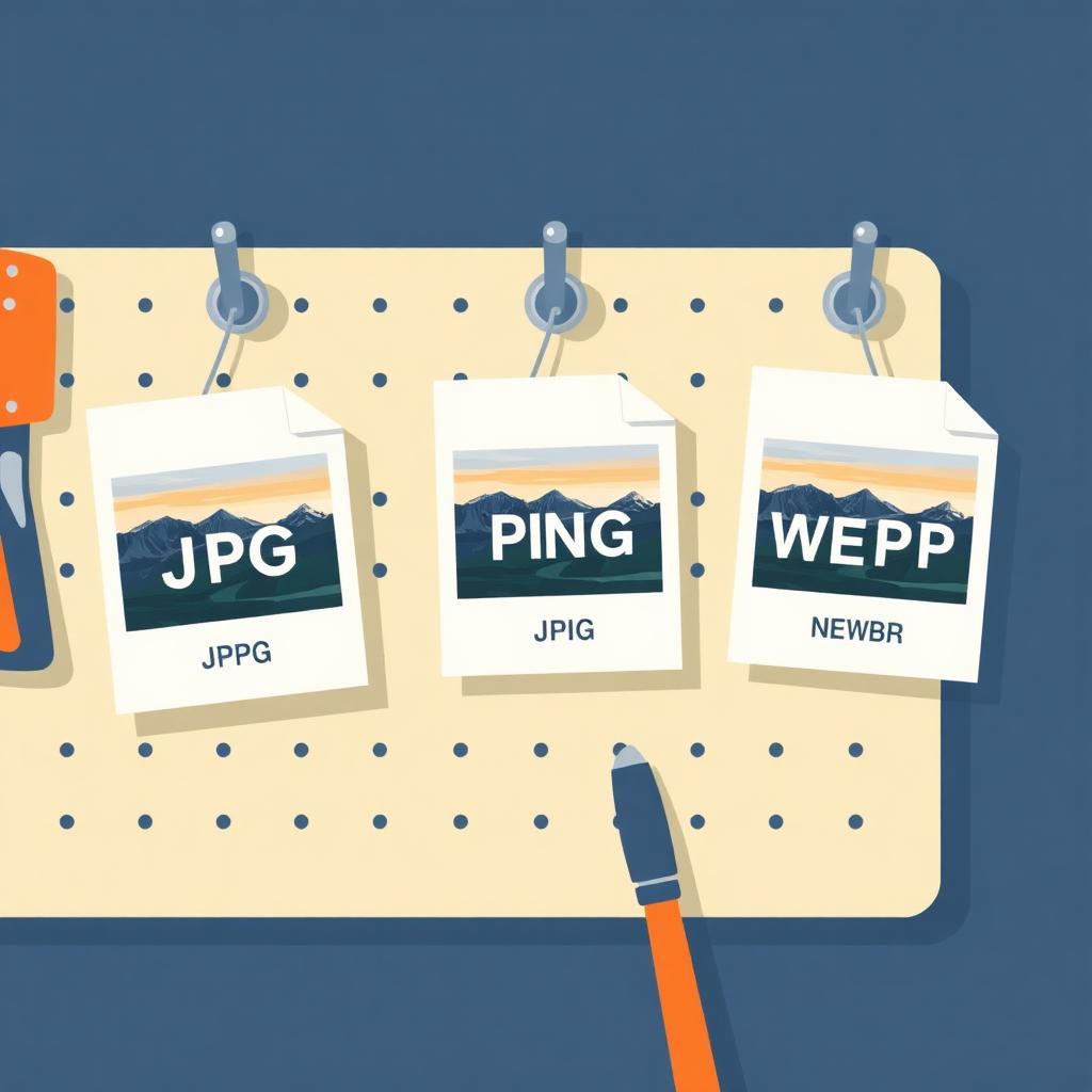Three image cards on a pegboard labeled JPG, PNG, and WEBP, each showing the same landscape photo rendered slightly differently.