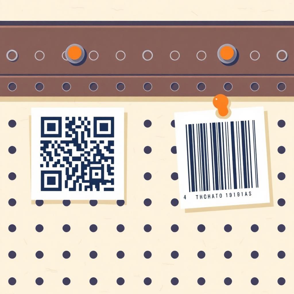 A QR code and a 1D barcode pinned side-by-side to a workshop pegboard like product labels.