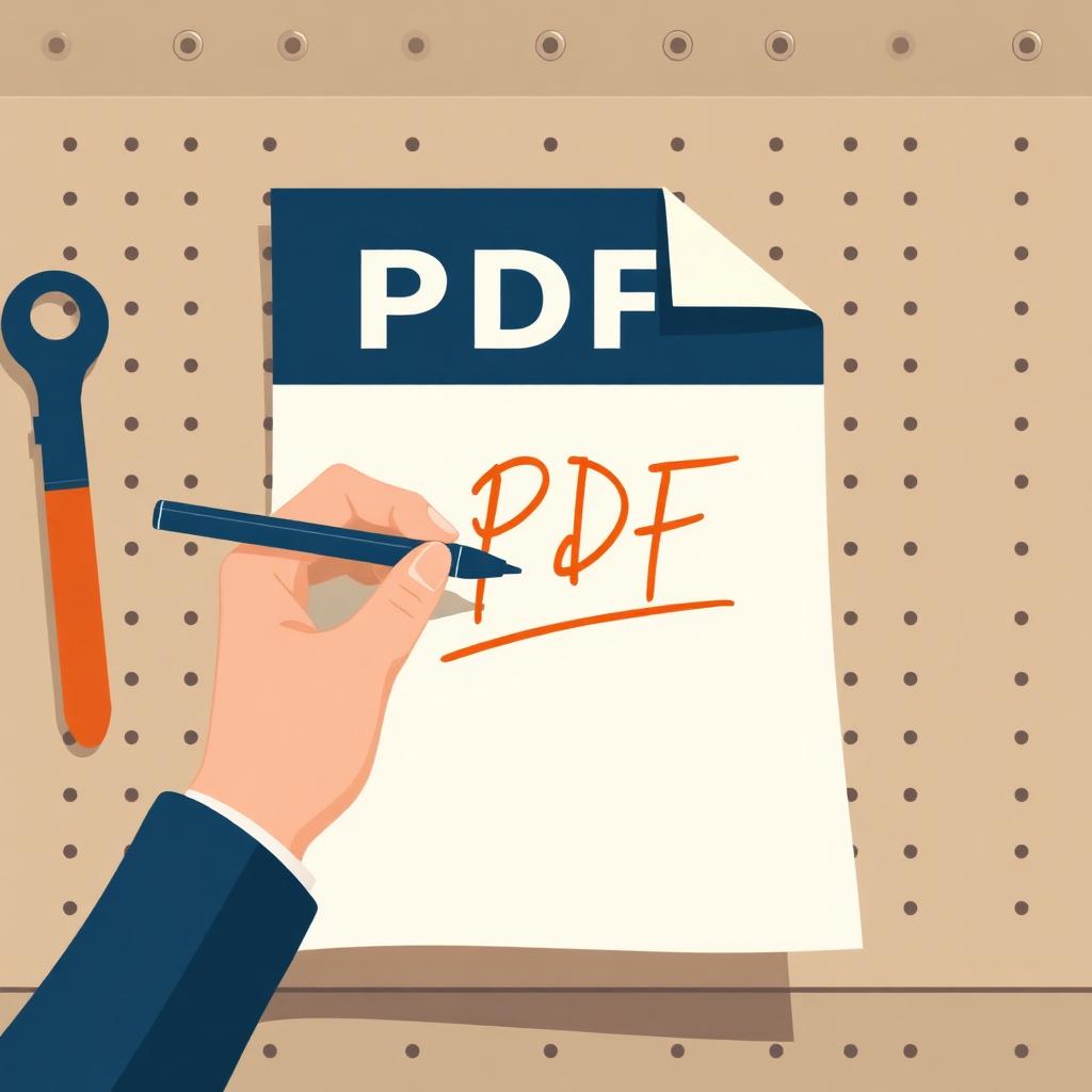 Illustration of a hand holding a stylus and signing a floating PDF document with an orange cursive signature.